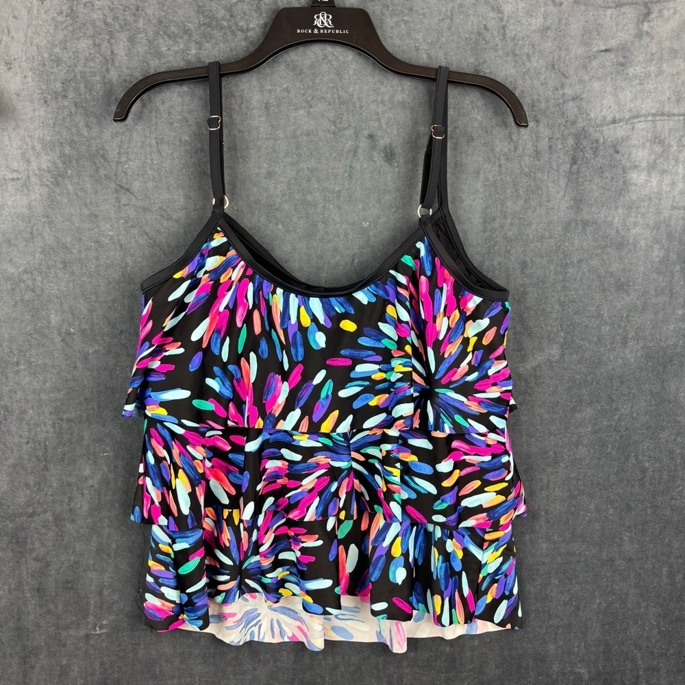 Rose Marie Reid Vibrant Pink and Blue Tiered Ruffled Tankini TOP ONLY Sz 16